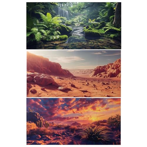 COMSUN 3 Pack Terrarium Background 36x18 inches Polyester Reptile Background Cloth Terrarium Backgrounds Gobi Sunshine Cactus Stone & Green Tree Fern Stream Backgrounds