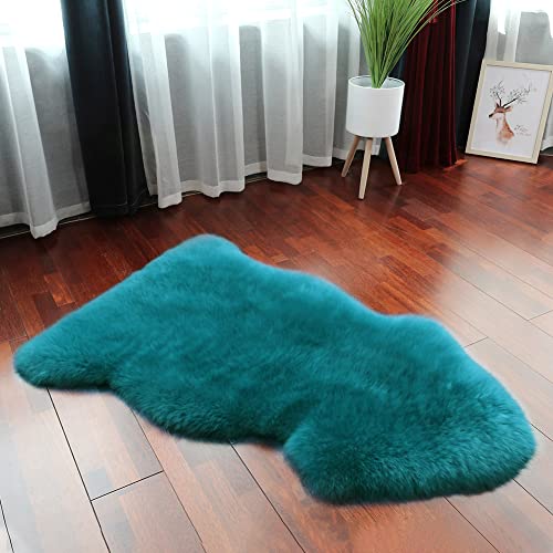 Premium Genuine Fur Sheepskin Rug Real Australia Sheepskin Natural Luxury Fluffy Lambskin Fur Area Rug Seat Covers for Kids Bedroom Sofa Chair Cover (Dark Aquamarine, Single Pelt/2ft x 3ft)