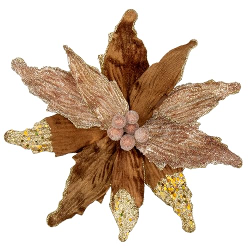 Briful 4 PCS 12" Glitter Poinsettia Brown Artificial Flowers Stem for Christmas Tree Decorations Fake Poinsettia Flowers Large Artificial Christmas Flowers Arrangements for Xmas Decorations