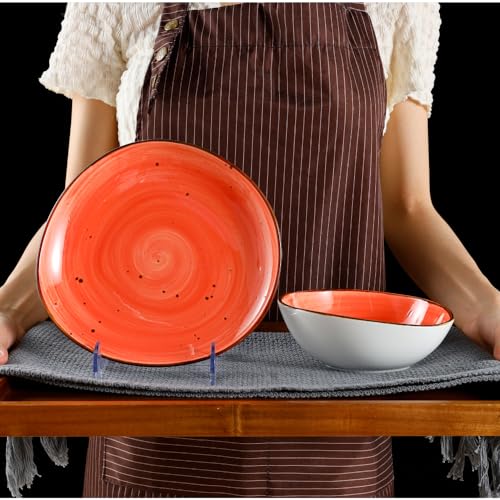 Kadum Potosi 8-teiliges Geschirrset für 4 Personen | Speiseteller Keramikteller hochwertige Keramik Bowls Saladbowls | 4x Frühstücksteller Ø 21,0 cm & 4x Salatbowl Ø 15,0 cm (Rot-Orange)