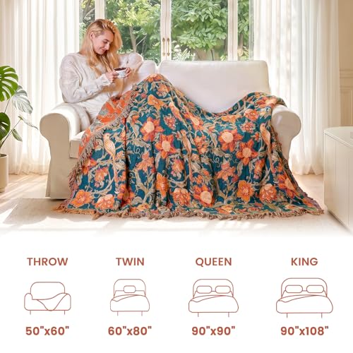 Image of MSGKV Boho Throw Blanket 60 inchx80 inch 100% Cotton Floral Bird Blanket Couch Bed