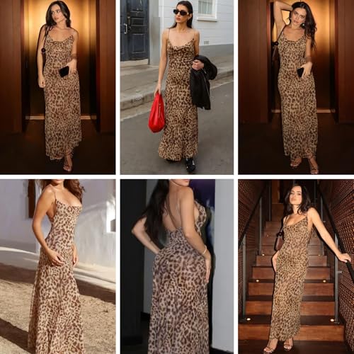 Image of Women's Sexy Sleeveless Tulle Leopard Print Maxi Dress - Elegant Spaghetti Strap Backless Party Dress
