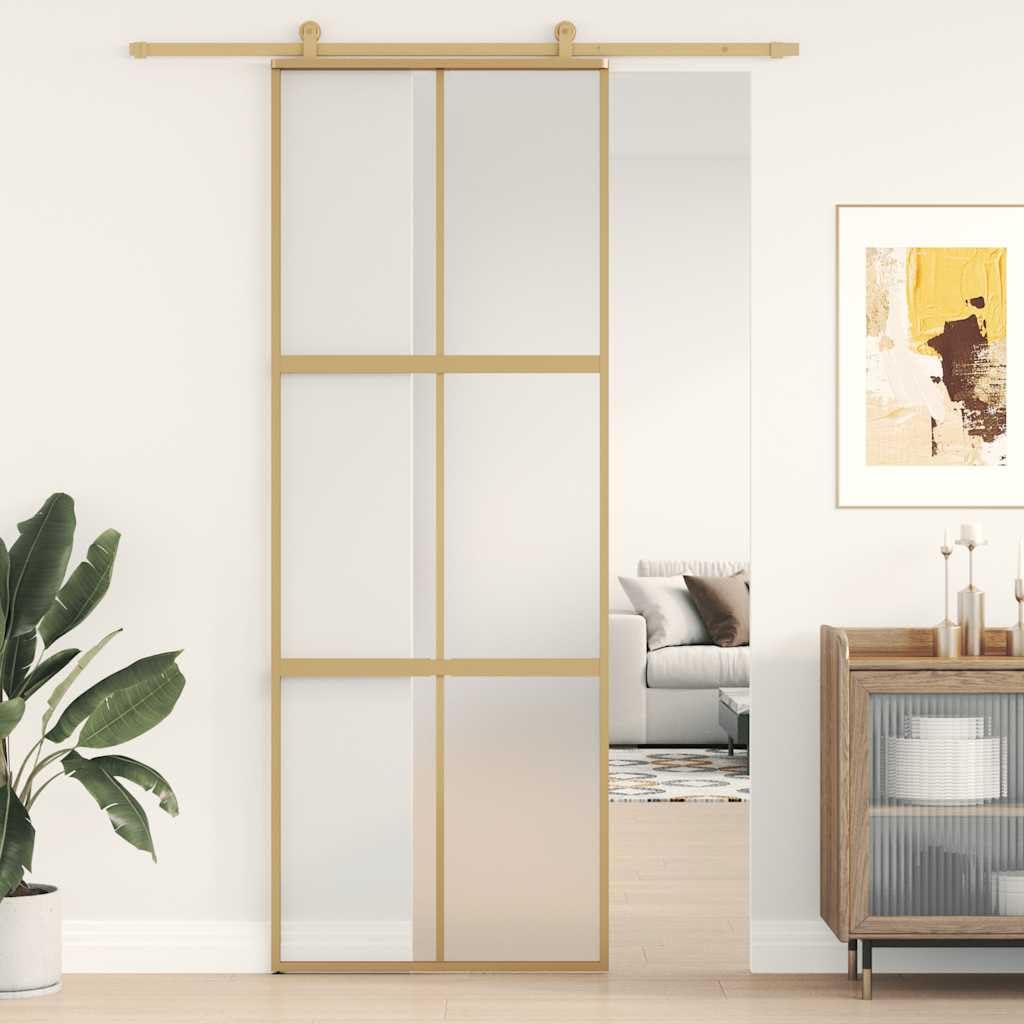 Porta scorrevole dorata, 76 x 205 cm, vetro temperato opaco, telaio in alluminio, silenzioso, scorrevole, per soggiorno, moderna porta interna con privacy