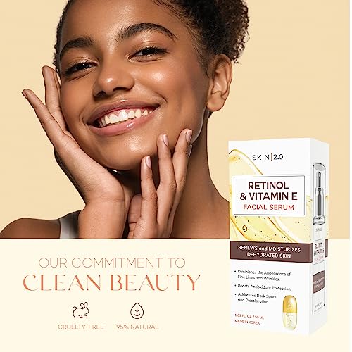 Skin 2.0 Retinol And Vitamin E Face Serum - Acne & Hyperpigmentation Treatment, Reduces Acne Scars & Wrinkles, Anti-Aging Facial Serum - Cruelty Free Korean Skincare For All Skin Types - 1.69 Fl. Oz #TOP2