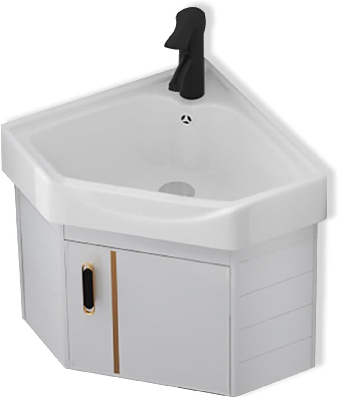 Wall Mounted Corner Washbasin, 15 Inch Ceramic Basin with Tap and Waste, Compact Bathroom Cabinet Ideal for Small Spaces, Modern Design on Floating Pedestal