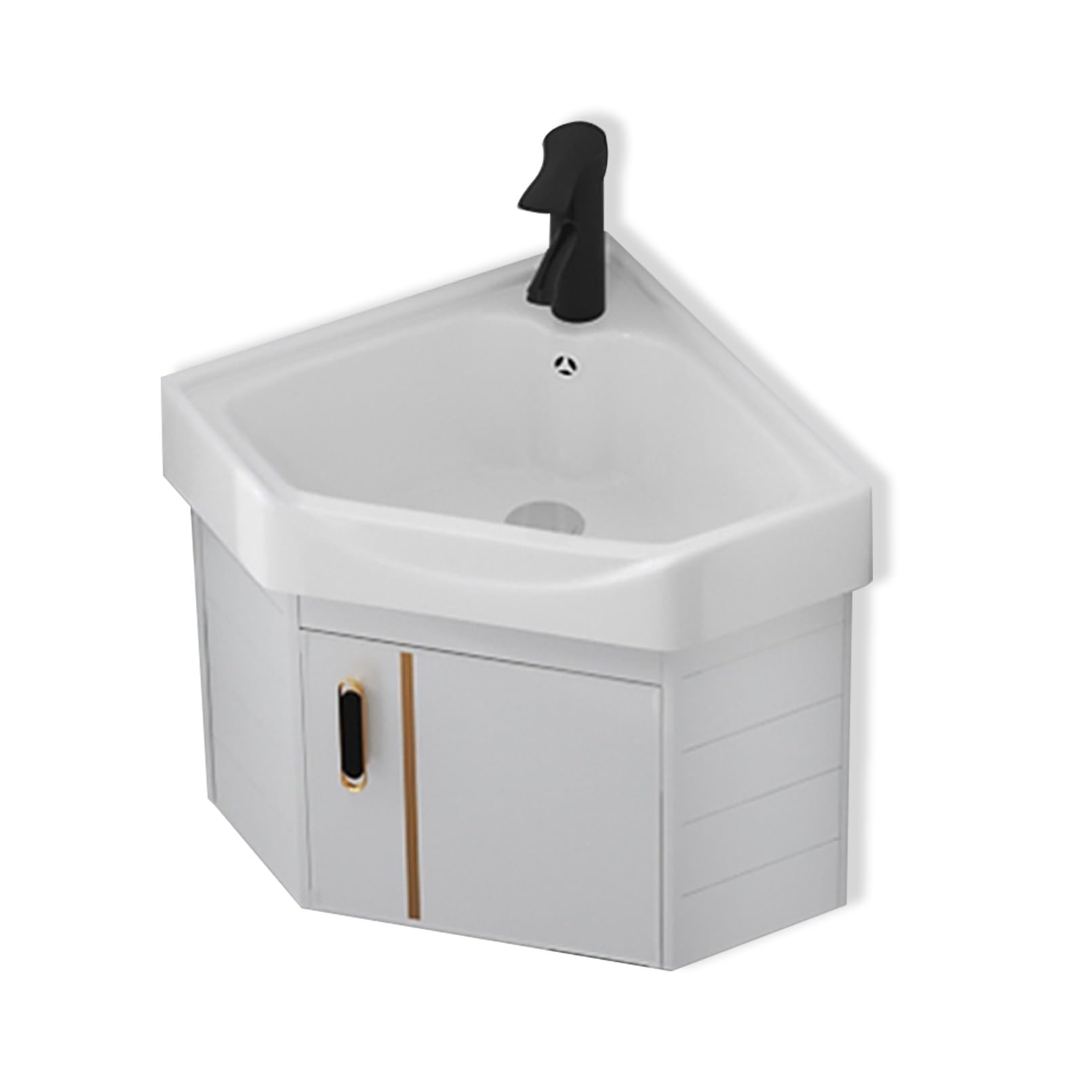 Wall Mounted Corner Washbasin, 15 Inch Ceramic Basin with Tap and Waste, Compact Bathroom Cabinet Ideal for Small Spaces, Modern Design on Floating Pedestal