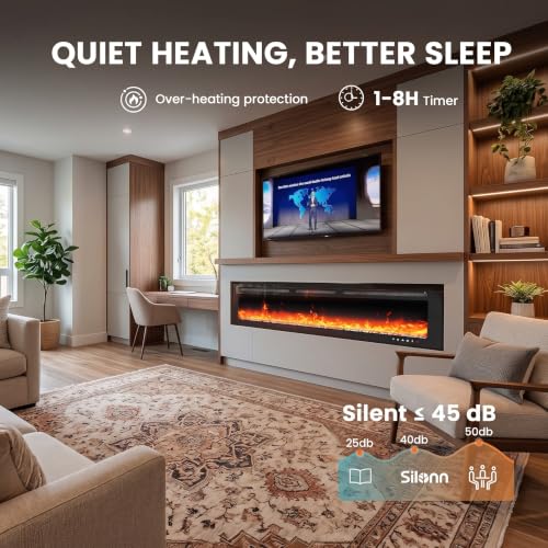 Image of Silonn 50″ Smart Electric Fireplace Heater, 4777 BTU Heat Output, WiFi App & Remote Control, Ultra-Slim Wall Mounted or Recessed Insert, 20 Flame Colors, Timer Setting for Cozy Warmth