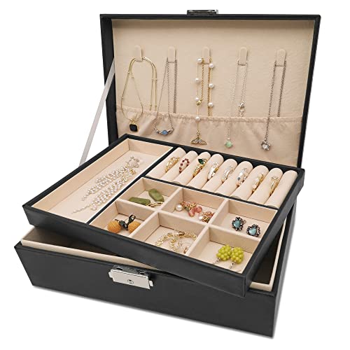 Pahajim Joyeros Mujer Organizador, 2 Niveles Caja Joyero de Cuero PU, Joyero Viaje Niña Jewelry Box...