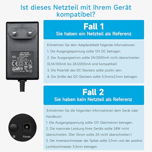12V 2A/2000mA Netzteiladapter, AC 100-240V 50/60Hz auf DC 12V 2A/2000mA 24W, 5,5 x 2,1mm Wandladegerät, Mitte positiv, 1,8m langes 20-AWG-Kabel für stabilen und flexiblen Einsatz