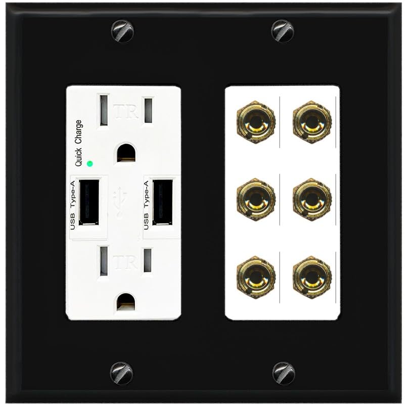 RiteAV 6 Banana 3 Speaker Surround Female Coupler Binding Post Wall Plate - USB Outlet [Ivory/White]