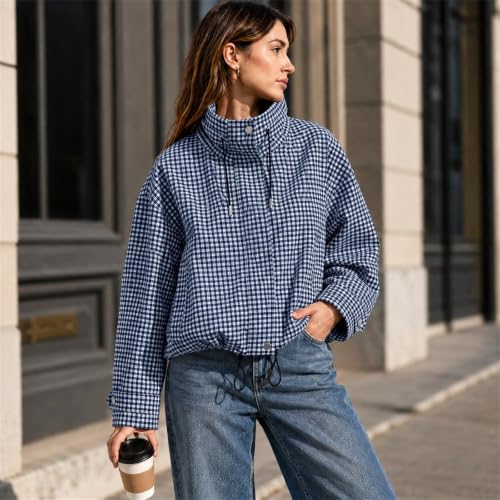 Women's Zipper Jackets Pullover Gingham Stand Collar Casual Bomber Jacket - image 5