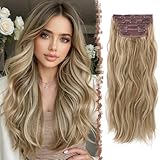 FESHFEN Clip in Extensions, 50cm 4 Stücke Lange Gewellte Hair Extensions Kunsthaar Natürliche 4PCs Synthetik Clip in Haarverlängerung für Frauen, Hellbraun und gemischtes Blond