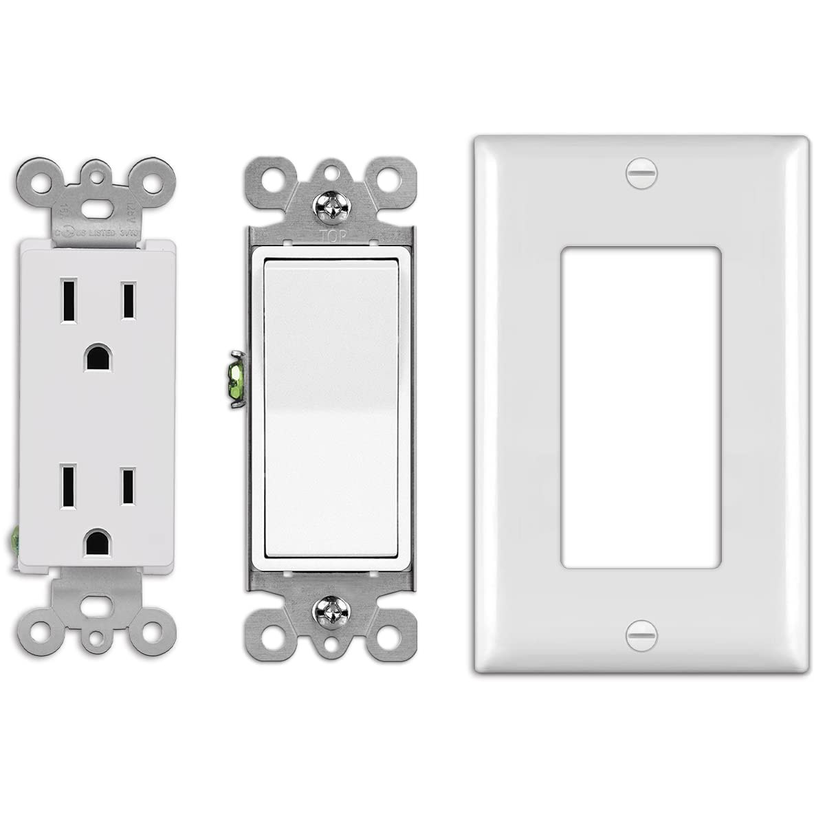 (50 Pack) CML Decorator Wall Light Switch and (50 Pack) CML 15 Amp Decorator Wall Receptacle Outlet, Wall Plates Included, White, UL Listed
