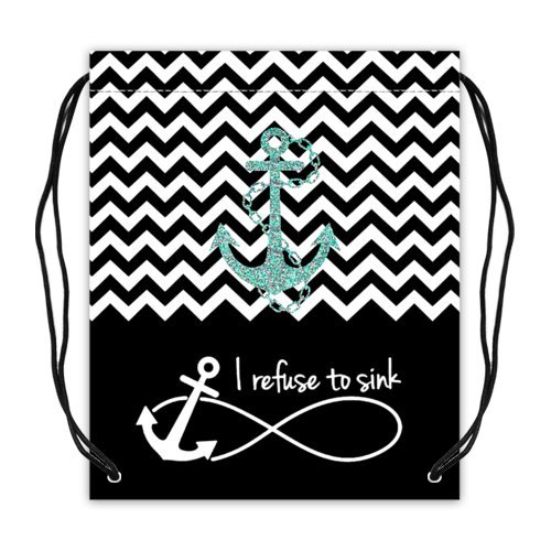 Black Colorblock Chevron Zigzag Infinity Anchor Quotes I Refuse to Sink Basketball Drawstring Bags Backpack, Sports Equipment Bag - 16.5"(W) x 19.3"(H), Twin-sided Print