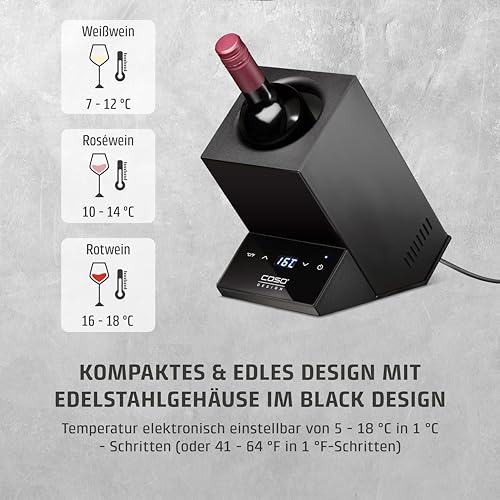 CASO WineCase One Black - Design Weinkühler für eine Flasche, Temperaturbereich von 5-18°C, für Flaschen bis 9 cm Ø, Sensor-Touch Bedienung, Schwarzes Edelstahlgehäuse