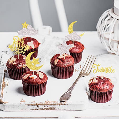 24 Pack Little Star Cupcake Toppers Glitter Moon Cloud Cupcake Picks Twinkle Star Baby Shower Kids Birthday Wedding Party Cake Decorations Supplies Gold #TOP4