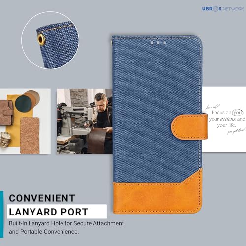 Image of Samsung A32 5G Denim & Leather Flip Back Cover Case | Vegan Leather | Kick Stand & Pockets | Protective Back Flip Cover for Samsung A32 5G (Blue)