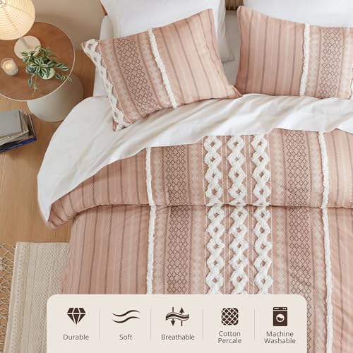 Image of INK+IVY Imani 100% Cotton Duvet Mid Century Modern Design, All Season Comforter Cover Bedding Set, Matching Shams, King /Cal King, Blush Chenille Tufted Accent 3 Piece