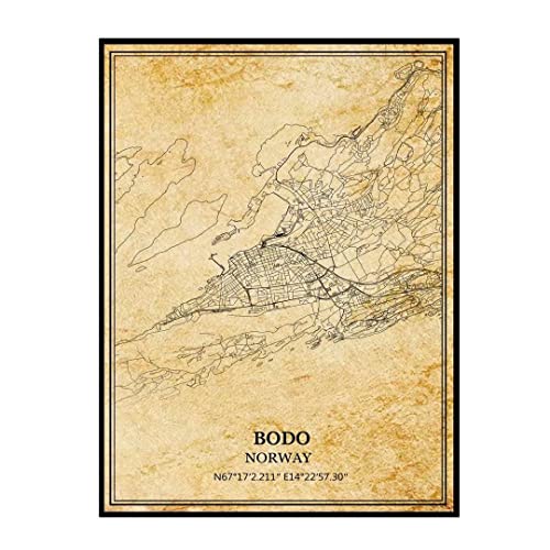 TANOKCRS Bodo Norwegen Vintage Karte Poster Kunstwerk Wandkunst Stadt Straße
