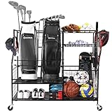 Sports Equipment Organizer, Sports Storage for Garage, Golf Bag Storage Rack, Golf Organizer Stand for Golf Club, Ball Storage Cart with Wheel for Garage, Gym, Shed, Outdoor