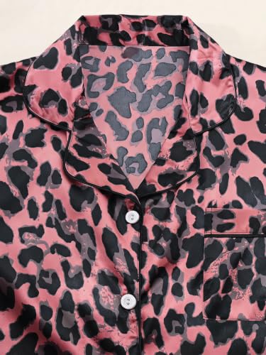 Image of SHENHE Women's 2 Piece Satin Pajama Set Leopard Short Sleeve Button Down Pj Shorts Set