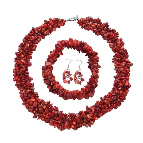 Red Coral Gemstone Chips Necklace, Earrings & Bracelet Set - Cluster Stainless Steel Jewelry Women - Boho Beach Healing Crystal Jewelry - Necklace 18" - Stretchable Bracelet Christmas Gifts