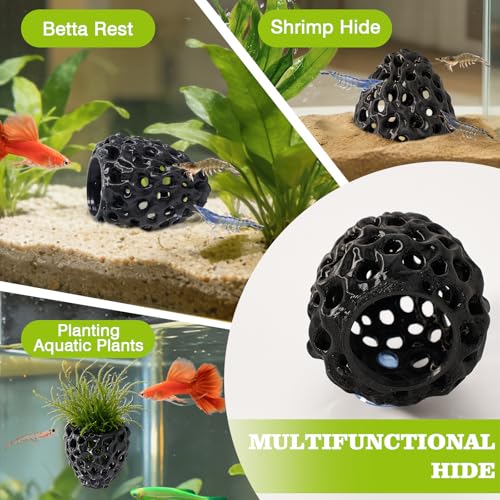 Image of Shrimp Dome Hide, Shrimp Hides for Aquarium, Betta Fish Hideout with Suction Cup, Betta Habitat Tank Ornament Accessories, Aquarium Decor for Small Fish Guppy Hiding Resting (Black)