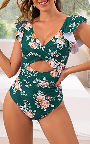 Image of B2prity One Piece Swimsuits for Women Ruffle Sleeve V Neck Bathing Suit Tummy Control Cutout Monokini Slimming Swimwear