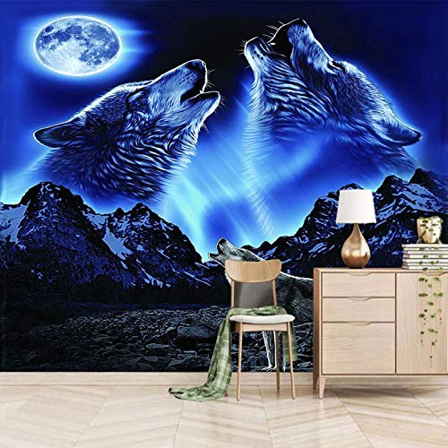 Msrahves tür tapeten 3d selbstklebend Blau Nachthimmel Tiere Wölfe art Fototapete Kinderzimmer Wandbild Dekoration Foto-Tapete Wandtapete Fotoposter Fototapete 3D Wanddekoration Cover