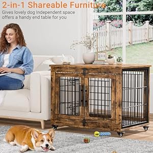 Lulive Dog Crate Furniture, Dog Kennel Indoor Double Doors Wooden Dog Cage, 32'' Heavy Duty Dog Crate with Cushion & Wheels, Decorative End Table Pet House Chew-Resistant for Medium/Small Dog, Brown Lulive Dog Crate Furniture Dog Kennel Indoor Double Doors Wooden Dog Cage 32 Heavy Duty Dog Crate with Cushion Wheels Decorative End Table Pet House Chew Resistant for MediumSmall Dog Brown
