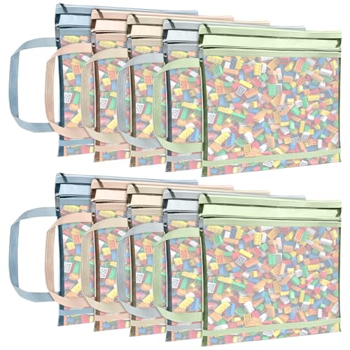 10 Packs Mesh Zipper Pouch Bags,5 Colors A4 Double-Layer Nylon Puzzle Building Block Sets with Handle Pocket,Breathable See Through Toy Storage for School Office Games Puzzles Stationery Books
