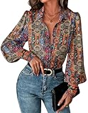 Zeagoo Floral Lantern Sleeve Blouse for Women Chiffon Button Down Shirt Business Casual Work Tops M