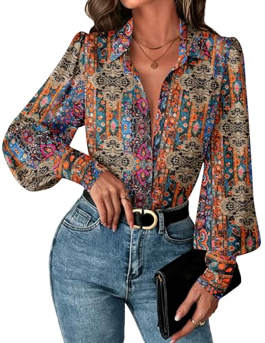 Image of Zeagoo Blouses for Women Dressy Casual Button Down Shirts Chiffon Lantern Long Sleeve Tops Floral Boho Clothes XL