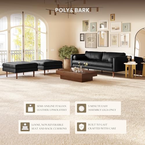 Image of POLY & BARK Napa 88.5 inch Leather Sofa - Full-Grain Italian-Tanned Aniline Leather, Feather-Down Comfort, Solid Wood Frame, Walnut Legs, Onyx Black
