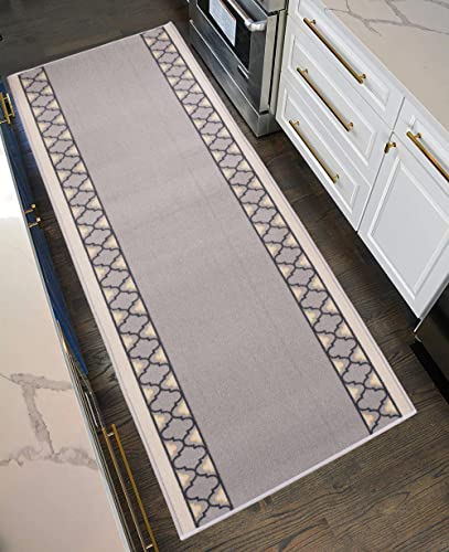 Washable Trellis Border Custom Size Length x 26 inches Wide Runner Rugs - 7 Feet (Grey)