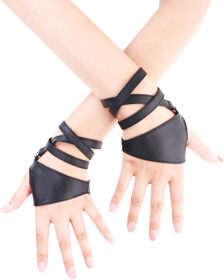 JISENJISEN Women Half Palm Fingerless PU Leather Night Bar Band Up Punk Gloves