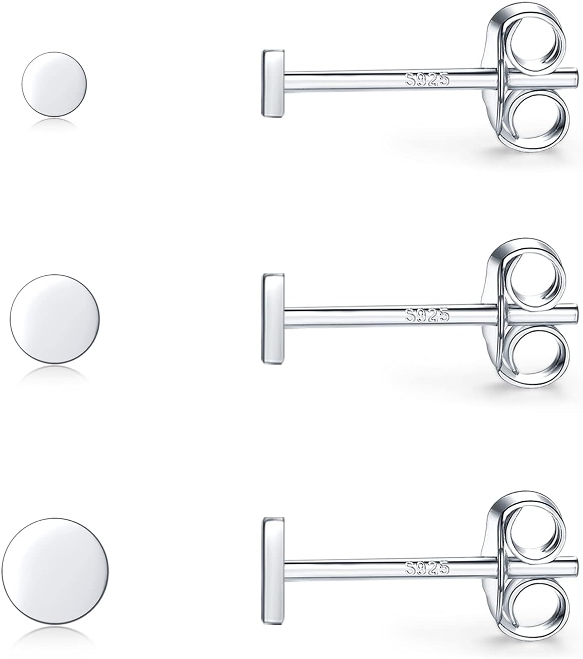 SNORSOSterling Silver Stud Earrings for Women, Tiny Flat Dot Earrings Set | Small Hypoallergenic Circle Stud Earrings | Dainty Round Tragus Cartilage Studs for Men (2mm/3mm/4mm)