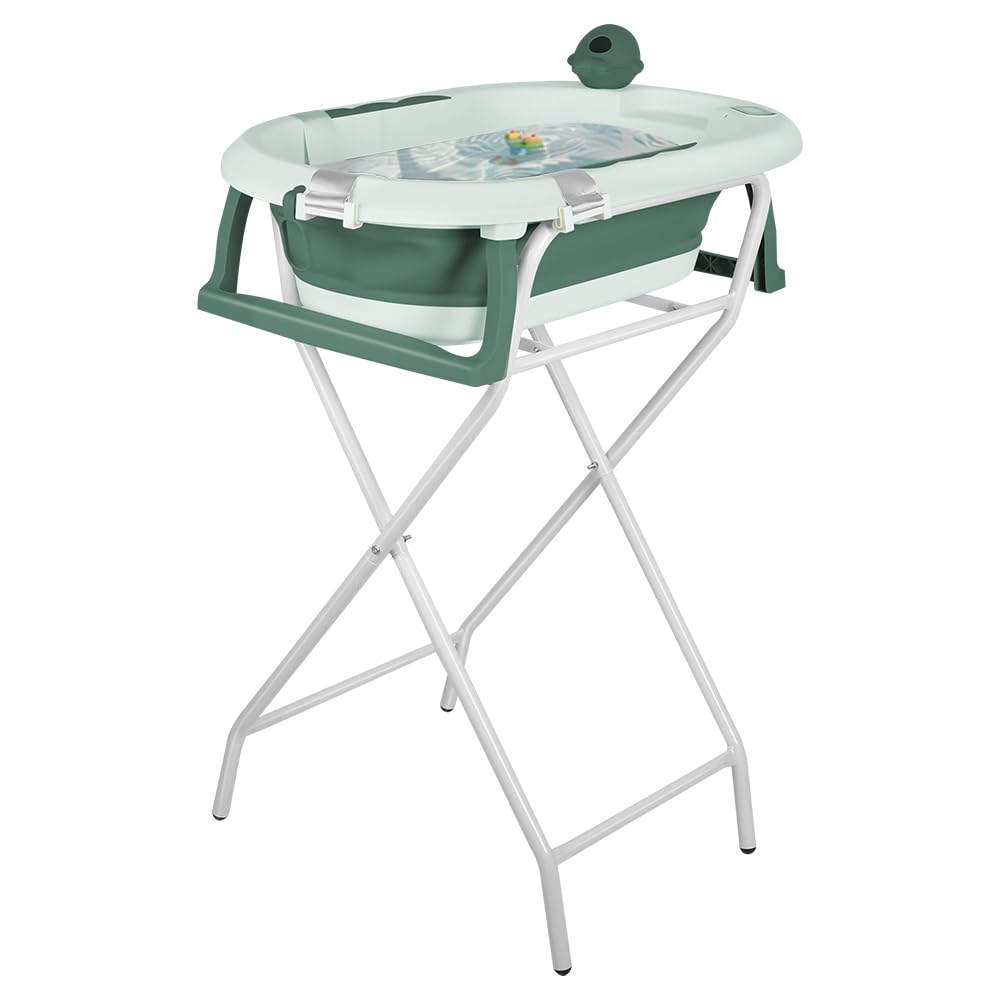 Thermosensitive Babybadewanne mit Halterung, Komplett-Set mit Badewannenkissen und Waschhaube, sicher, bequem für Neugeborene (grün)