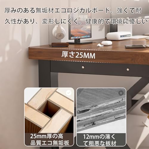 NOBBAT パソコンデスク 机 pcデスク ゲーミングデスク 25mmの無垢材テーブルトップ 長さ160/180/200cm 耐荷重300kg 50x50mm厚のテーブル脚 組み立て簡単 学習机 勉強机 化粧台 学習机 人間工学 在宅勤務 リモートワーク用 仕事用(ダークウォルナット+ブラックフレーム,200x60x75cm) [3]