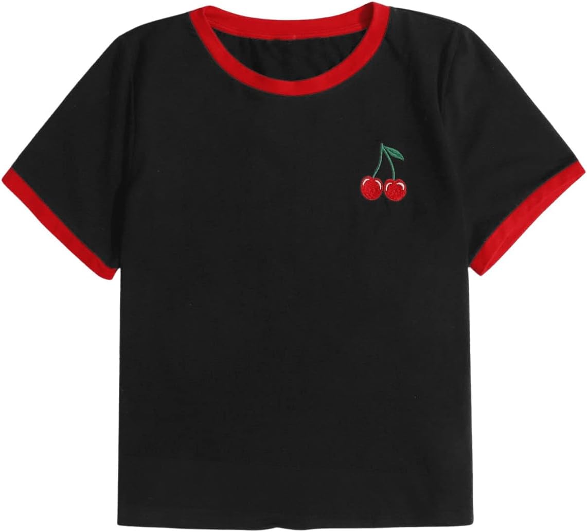 Women's Cherry Embroidery Color Block Tee Short Sleeve Crew Neck T Shirt Casual Graphic Tee Black and Red Medium