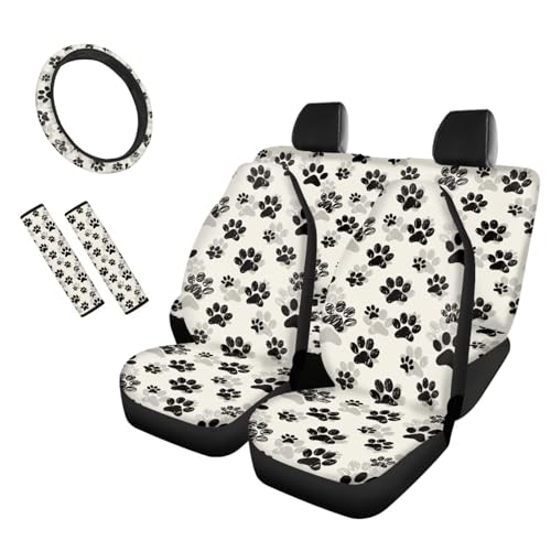 JOAIFO Paw Print Car Seat Covers Full Set for Women Cute Car Accessories Interior,Universal Seat Covers with Steering Wheel Cover and Seat Belt Cover Pad for SUV Trucks Sedan