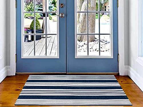 Front Door Mat Outdoor Rug24'' X 35''Striped Layered Door Mat Blue And White Front Door Rug Machine Washable Indoor Outdoor Doormat For Front Porch Hand-Woven Entryway Rug For Laundry/Bathroom/Bedroom #TOP4
