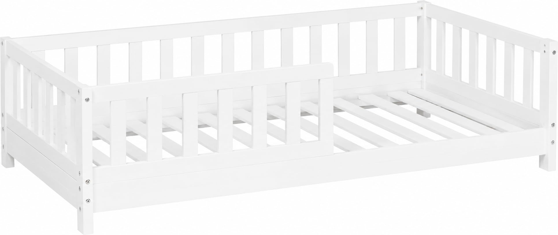Montessori - Cama de barreras para niños, madera natural, 90 x 190 cm, color blanco