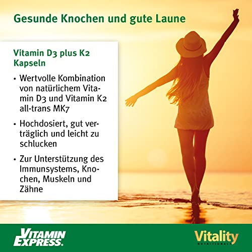 Vitamin D3 K2 Hochdosiert Vitamin D 5000 IE & K2 200 mcg Premium All Trans MK7. 90 Mini-Kapseln Hochdosiert. hohe Bioverfügbarkeit, frei von Zusatzstoffen. Vitality Nutritionals by VitaminExpress