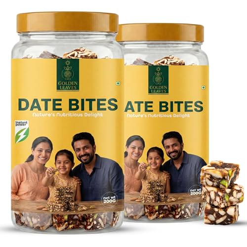 Image of Golden Leaves Date Bites | Dates Barfi Made with Dates, Pista, Cashews, Almonds, Pure Ghee, Pistachios & Mixed Seeds I Dry Fruits Nuts, Healthy Snacks Sweets, Gluten Free, No Added Sugar Instant Energy Snack for Kids & Adults (200g (Pack of 2))
