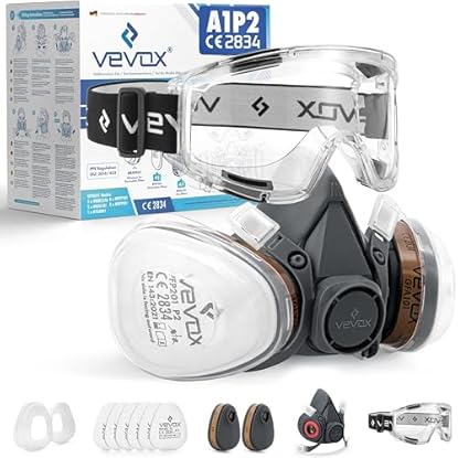 Foto di VEVOX® Maschera respiratoria con filtro A1P2 – Protezione da gas, vapori e polveri sottili – Ideale per verniciatura, levigatura e lavori edili – Con 6 filtri P2 antiparticolato e 2 A1 antigas