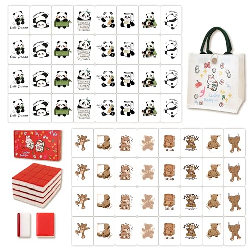 Gueiddi Seaside Escape Tile Game, Mahjong Tile Set with 65 Tile, Travel Mahjong Set with Handbag for Spring Picnic Party Gift (Panda and Brown Bear Theme)