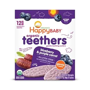 Happy Baby Gentle Teethers Organic Teething Wafers Blueberry Purple Carrot, 0.14 Ounce Packets (Box of 12) Soothing Rice Cookies for Teething Babies Dissolves Easily, Gluten Free No Artificial Flavor