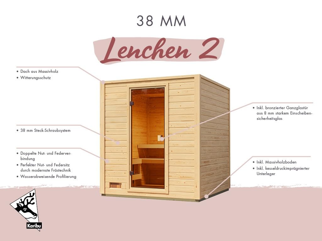 Karibu Gartensauna 195,6x189,9x212,4cm Fichte bronzierte Glastür 2 Liegen Fronteinstieg Massivholz 9kW Saunaofen EXT. Steuerung Saunasteine 2-4 Personen Boden