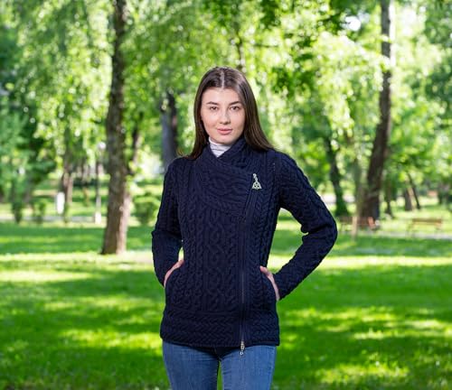 Image of SAOL Irish Cardigan for Women Made of 100% Merino Wool Ireland Sweater Cable Knit Zip Jacket